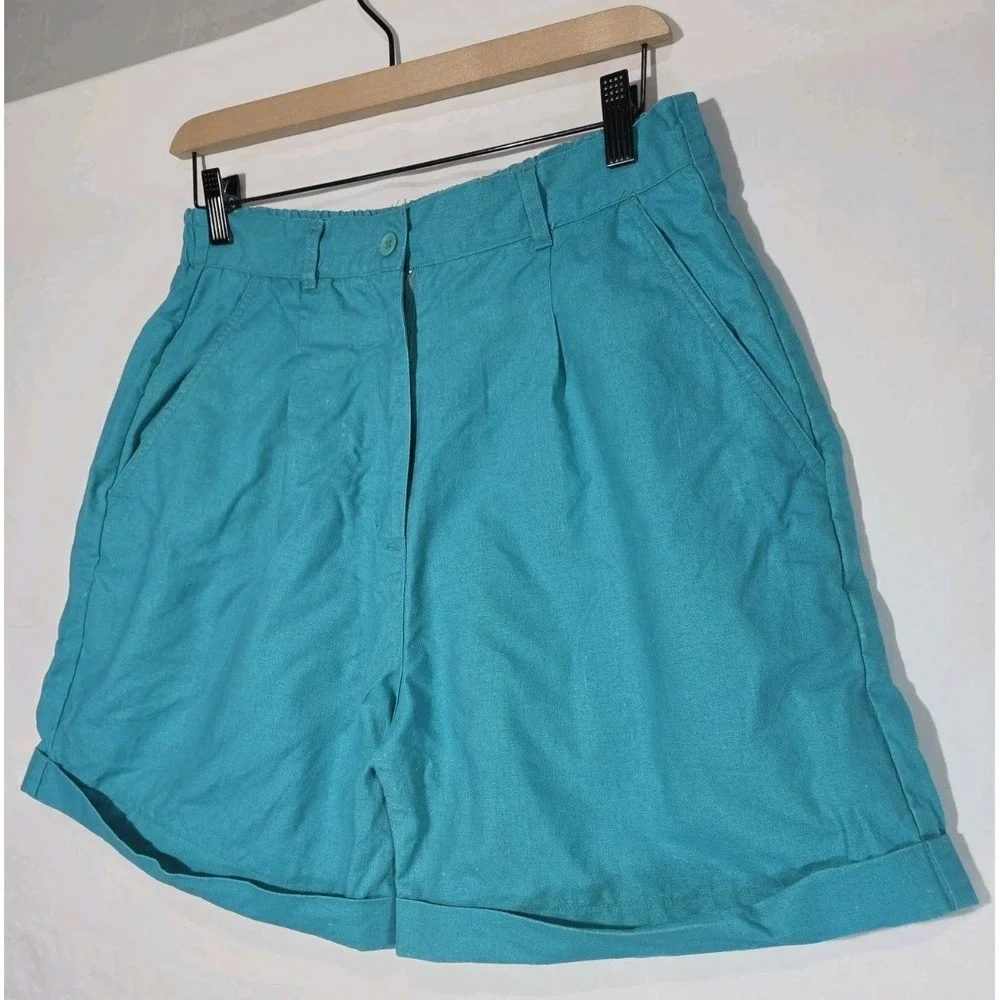 90s JVC Collection Pleated Mom Shorts‎ 10 Turquoise Teal High Rise Ramie Elastic